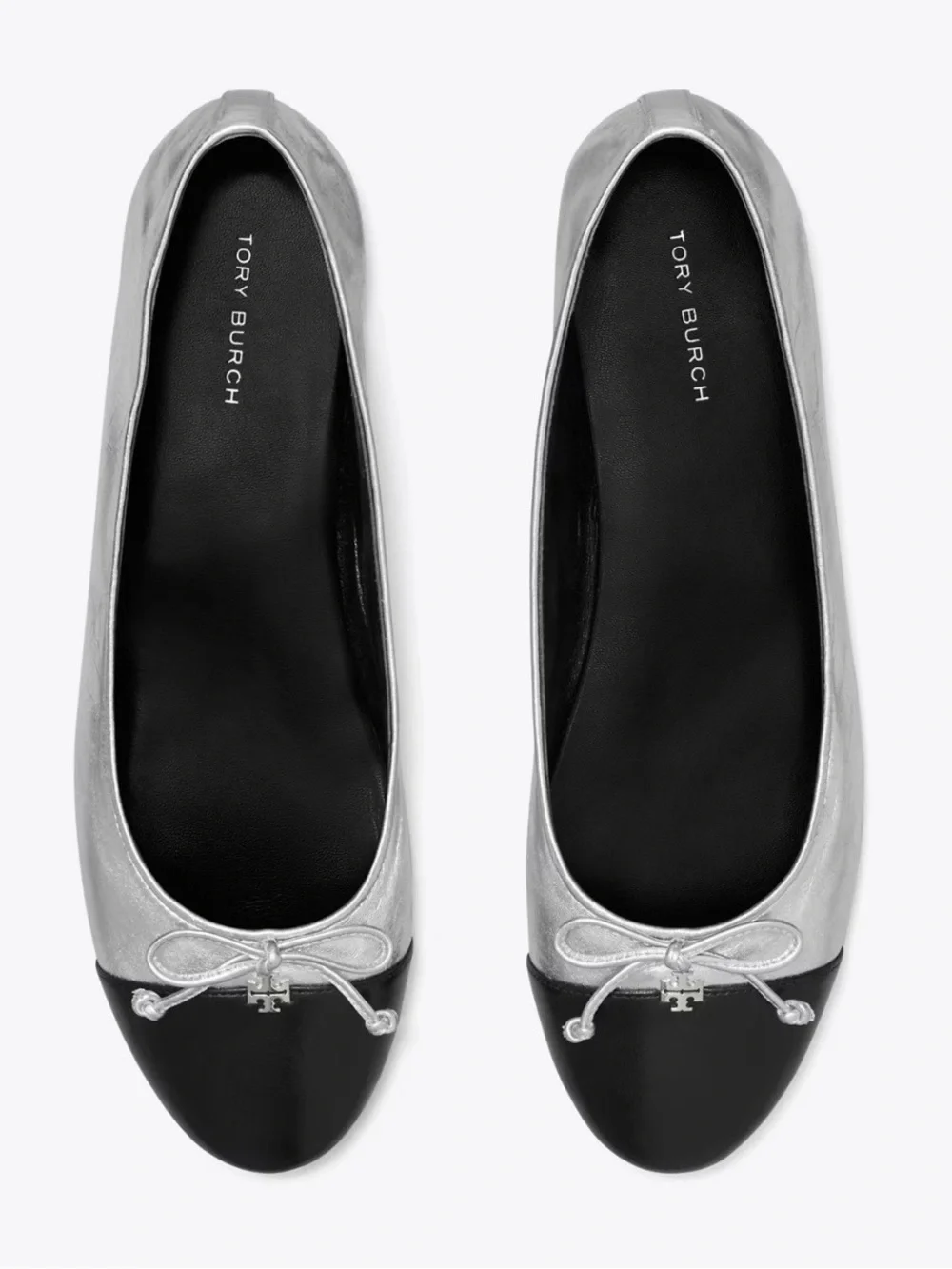 Tory Burch Silver and Black Cap-Toe Ballet Flats